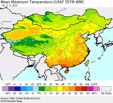 China, Mongolia and Taiwan Mean Maximum Temperature (USAF 557th WW) Thematic Map For 10/2/2023 - 10/8/2023