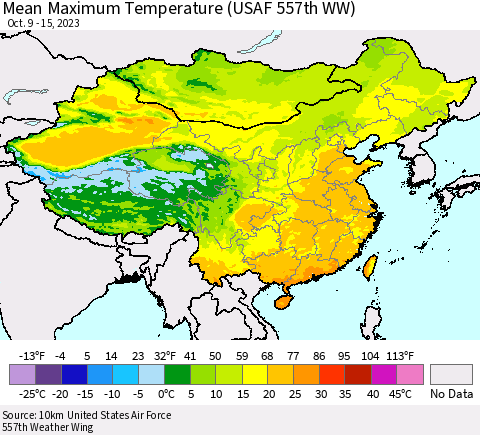 China, Mongolia and Taiwan Mean Maximum Temperature (USAF 557th WW) Thematic Map For 10/9/2023 - 10/15/2023