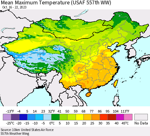 China, Mongolia and Taiwan Mean Maximum Temperature (USAF 557th WW) Thematic Map For 10/16/2023 - 10/22/2023
