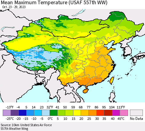 China, Mongolia and Taiwan Mean Maximum Temperature (USAF 557th WW) Thematic Map For 10/23/2023 - 10/29/2023
