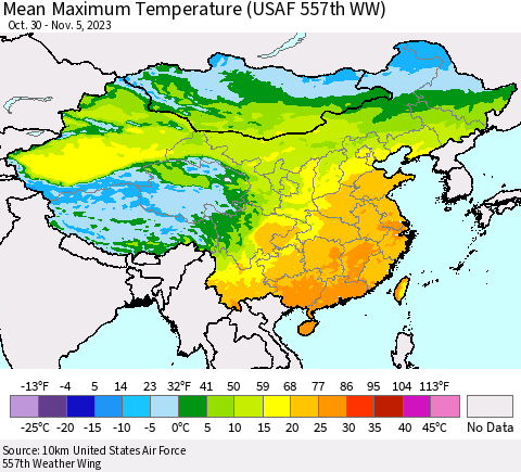 China, Mongolia and Taiwan Mean Maximum Temperature (USAF 557th WW) Thematic Map For 10/30/2023 - 11/5/2023