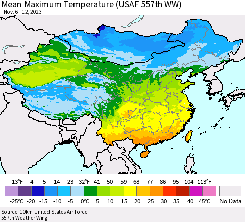 China, Mongolia and Taiwan Mean Maximum Temperature (USAF 557th WW) Thematic Map For 11/6/2023 - 11/12/2023