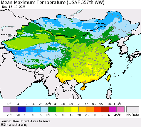 China, Mongolia and Taiwan Mean Maximum Temperature (USAF 557th WW) Thematic Map For 11/13/2023 - 11/19/2023