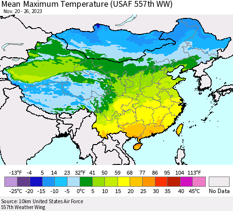 China, Mongolia and Taiwan Mean Maximum Temperature (USAF 557th WW) Thematic Map For 11/20/2023 - 11/26/2023