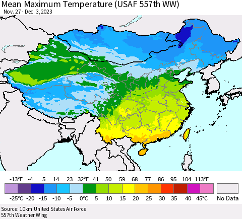 China, Mongolia and Taiwan Mean Maximum Temperature (USAF 557th WW) Thematic Map For 11/27/2023 - 12/3/2023