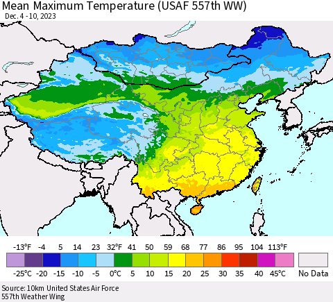 China, Mongolia and Taiwan Mean Maximum Temperature (USAF 557th WW) Thematic Map For 12/4/2023 - 12/10/2023