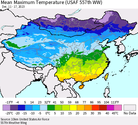 China, Mongolia and Taiwan Mean Maximum Temperature (USAF 557th WW) Thematic Map For 12/11/2023 - 12/17/2023