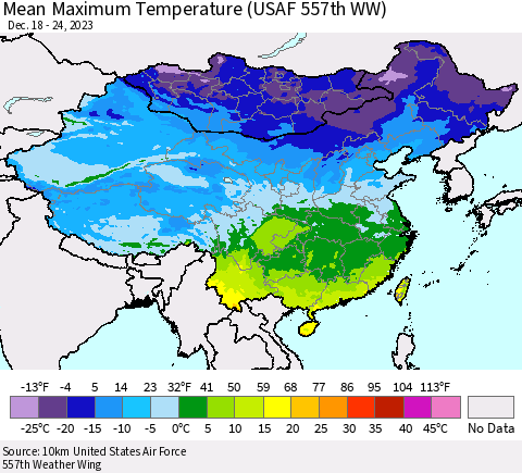 China, Mongolia and Taiwan Mean Maximum Temperature (USAF 557th WW) Thematic Map For 12/18/2023 - 12/24/2023