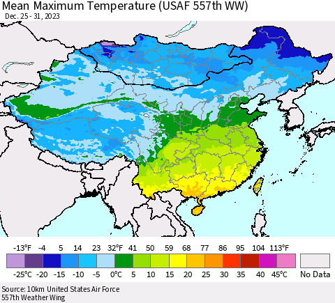 China, Mongolia and Taiwan Mean Maximum Temperature (USAF 557th WW) Thematic Map For 12/25/2023 - 12/31/2023