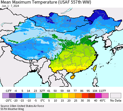 China, Mongolia and Taiwan Mean Maximum Temperature (USAF 557th WW) Thematic Map For 1/1/2024 - 1/7/2024