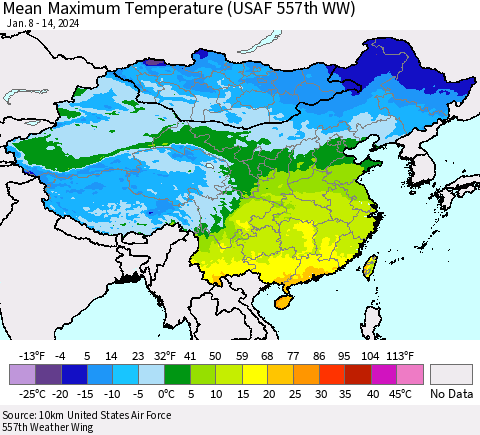 China, Mongolia and Taiwan Mean Maximum Temperature (USAF 557th WW) Thematic Map For 1/8/2024 - 1/14/2024