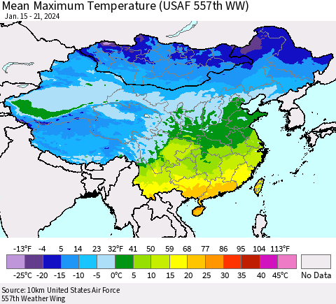 China, Mongolia and Taiwan Mean Maximum Temperature (USAF 557th WW) Thematic Map For 1/15/2024 - 1/21/2024