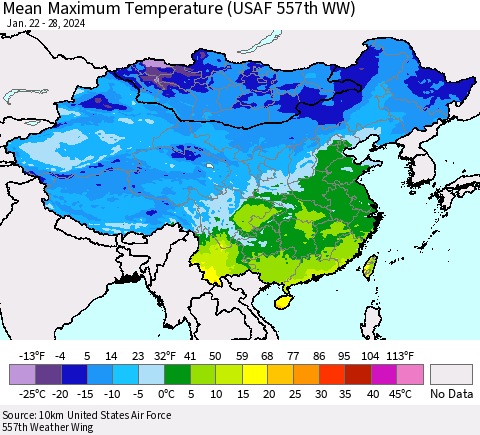 China, Mongolia and Taiwan Mean Maximum Temperature (USAF 557th WW) Thematic Map For 1/22/2024 - 1/28/2024