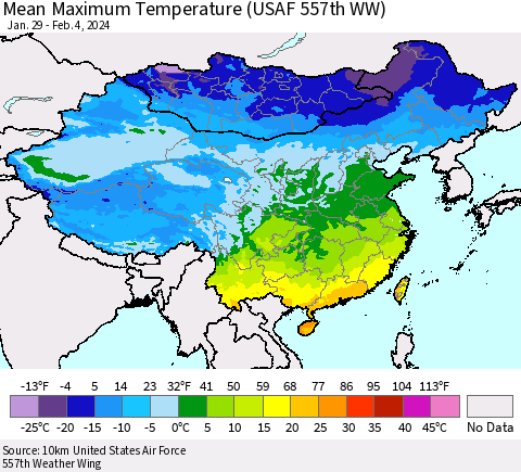 China, Mongolia and Taiwan Mean Maximum Temperature (USAF 557th WW) Thematic Map For 1/29/2024 - 2/4/2024