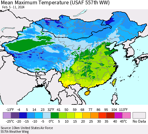 China, Mongolia and Taiwan Mean Maximum Temperature (USAF 557th WW) Thematic Map For 2/5/2024 - 2/11/2024