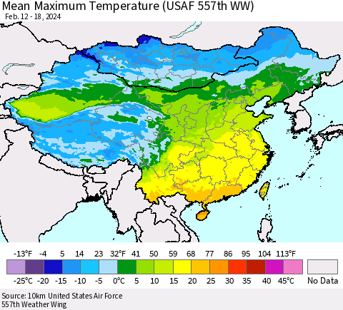China, Mongolia and Taiwan Mean Maximum Temperature (USAF 557th WW) Thematic Map For 2/12/2024 - 2/18/2024