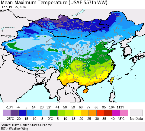 China, Mongolia and Taiwan Mean Maximum Temperature (USAF 557th WW) Thematic Map For 2/19/2024 - 2/25/2024