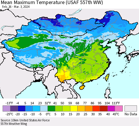 China, Mongolia and Taiwan Mean Maximum Temperature (USAF 557th WW) Thematic Map For 2/26/2024 - 3/3/2024