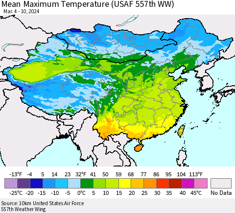 China, Mongolia and Taiwan Mean Maximum Temperature (USAF 557th WW) Thematic Map For 3/4/2024 - 3/10/2024
