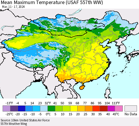 China, Mongolia and Taiwan Mean Maximum Temperature (USAF 557th WW) Thematic Map For 3/11/2024 - 3/17/2024