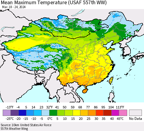 China, Mongolia and Taiwan Mean Maximum Temperature (USAF 557th WW) Thematic Map For 3/18/2024 - 3/24/2024