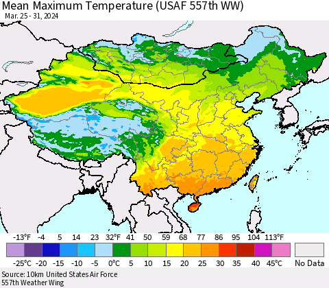 China, Mongolia and Taiwan Mean Maximum Temperature (USAF 557th WW) Thematic Map For 3/25/2024 - 3/31/2024