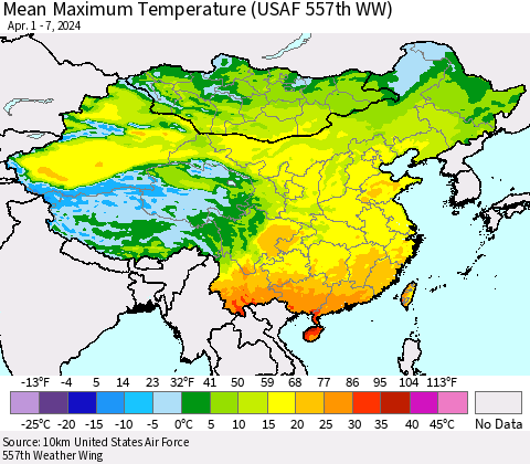 China, Mongolia and Taiwan Mean Maximum Temperature (USAF 557th WW) Thematic Map For 4/1/2024 - 4/7/2024
