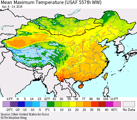 China, Mongolia and Taiwan Mean Maximum Temperature (USAF 557th WW) Thematic Map For 4/8/2024 - 4/14/2024