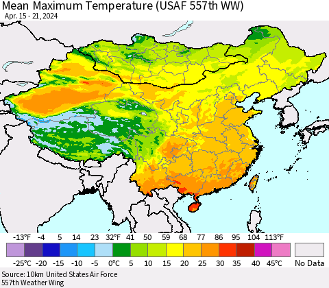 China, Mongolia and Taiwan Mean Maximum Temperature (USAF 557th WW) Thematic Map For 4/15/2024 - 4/21/2024