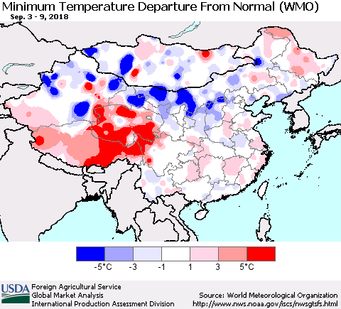 China, Mongolia and Taiwan Mean Minimum Temperature Departure from Normal (WMO) Thematic Map For 9/3/2018 - 9/9/2018