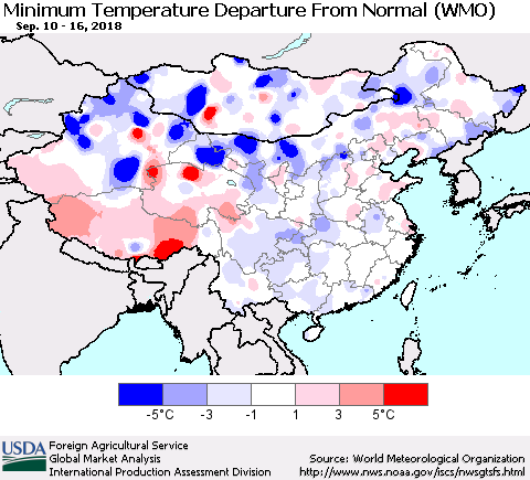 China, Mongolia and Taiwan Mean Minimum Temperature Departure from Normal (WMO) Thematic Map For 9/10/2018 - 9/16/2018