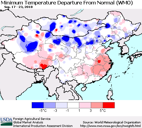 China, Mongolia and Taiwan Mean Minimum Temperature Departure from Normal (WMO) Thematic Map For 9/17/2018 - 9/23/2018