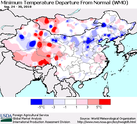 China, Mongolia and Taiwan Mean Minimum Temperature Departure from Normal (WMO) Thematic Map For 9/24/2018 - 9/30/2018