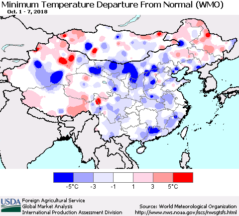 China, Mongolia and Taiwan Mean Minimum Temperature Departure from Normal (WMO) Thematic Map For 10/1/2018 - 10/7/2018