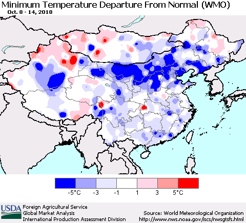 China, Mongolia and Taiwan Mean Minimum Temperature Departure from Normal (WMO) Thematic Map For 10/8/2018 - 10/14/2018