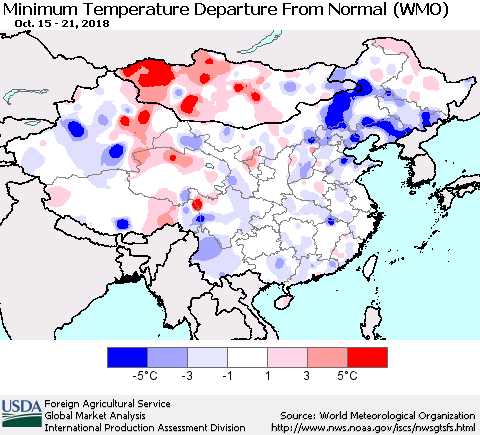 China, Mongolia and Taiwan Mean Minimum Temperature Departure from Normal (WMO) Thematic Map For 10/15/2018 - 10/21/2018