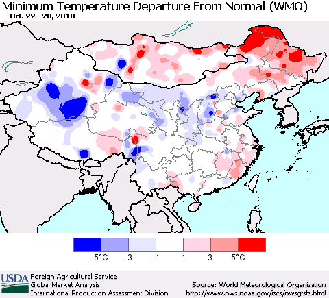 China, Mongolia and Taiwan Mean Minimum Temperature Departure from Normal (WMO) Thematic Map For 10/22/2018 - 10/28/2018