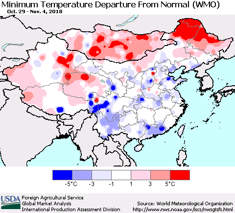 China, Mongolia and Taiwan Mean Minimum Temperature Departure from Normal (WMO) Thematic Map For 10/29/2018 - 11/4/2018