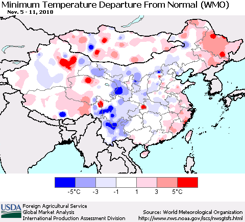 China, Mongolia and Taiwan Mean Minimum Temperature Departure from Normal (WMO) Thematic Map For 11/5/2018 - 11/11/2018