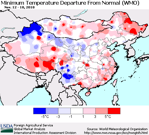 China, Mongolia and Taiwan Mean Minimum Temperature Departure from Normal (WMO) Thematic Map For 11/12/2018 - 11/18/2018