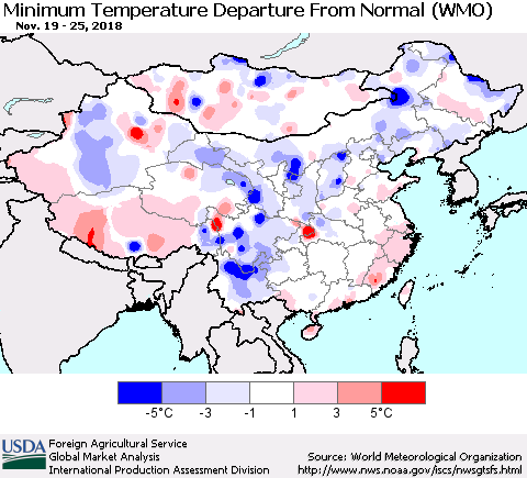 China, Mongolia and Taiwan Mean Minimum Temperature Departure from Normal (WMO) Thematic Map For 11/19/2018 - 11/25/2018