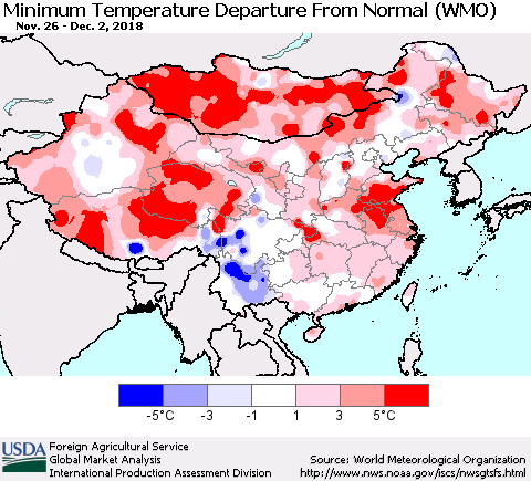 China, Mongolia and Taiwan Mean Minimum Temperature Departure from Normal (WMO) Thematic Map For 11/26/2018 - 12/2/2018