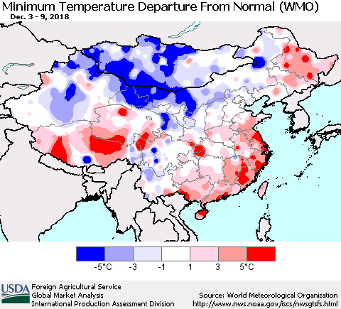 China, Mongolia and Taiwan Mean Minimum Temperature Departure from Normal (WMO) Thematic Map For 12/3/2018 - 12/9/2018