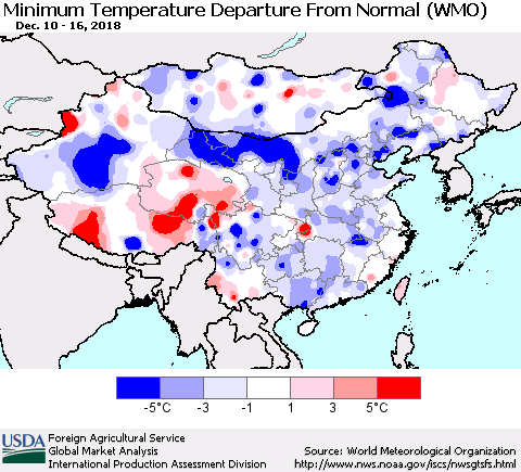 China, Mongolia and Taiwan Mean Minimum Temperature Departure from Normal (WMO) Thematic Map For 12/10/2018 - 12/16/2018