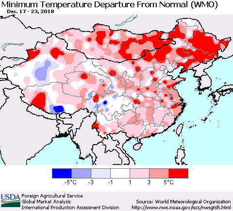 China, Mongolia and Taiwan Mean Minimum Temperature Departure from Normal (WMO) Thematic Map For 12/17/2018 - 12/23/2018