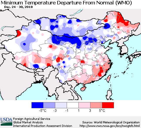 China, Mongolia and Taiwan Mean Minimum Temperature Departure from Normal (WMO) Thematic Map For 12/24/2018 - 12/30/2018