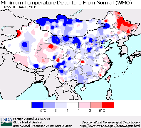 China, Mongolia and Taiwan Mean Minimum Temperature Departure from Normal (WMO) Thematic Map For 12/31/2018 - 1/6/2019