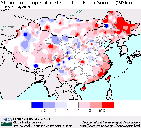 China, Mongolia and Taiwan Mean Minimum Temperature Departure from Normal (WMO) Thematic Map For 1/7/2019 - 1/13/2019