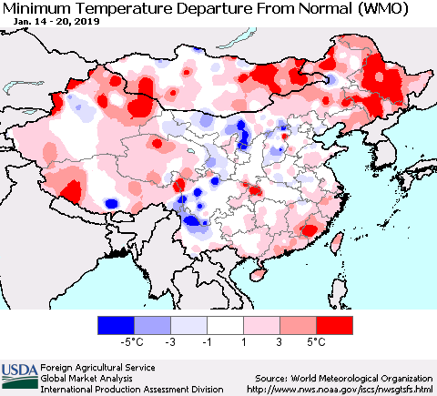 China, Mongolia and Taiwan Mean Minimum Temperature Departure from Normal (WMO) Thematic Map For 1/14/2019 - 1/20/2019