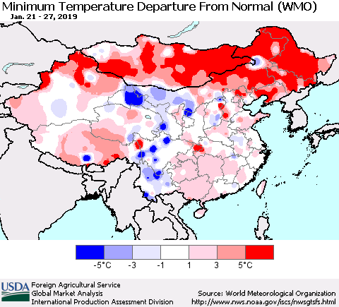 China, Mongolia and Taiwan Mean Minimum Temperature Departure from Normal (WMO) Thematic Map For 1/21/2019 - 1/27/2019